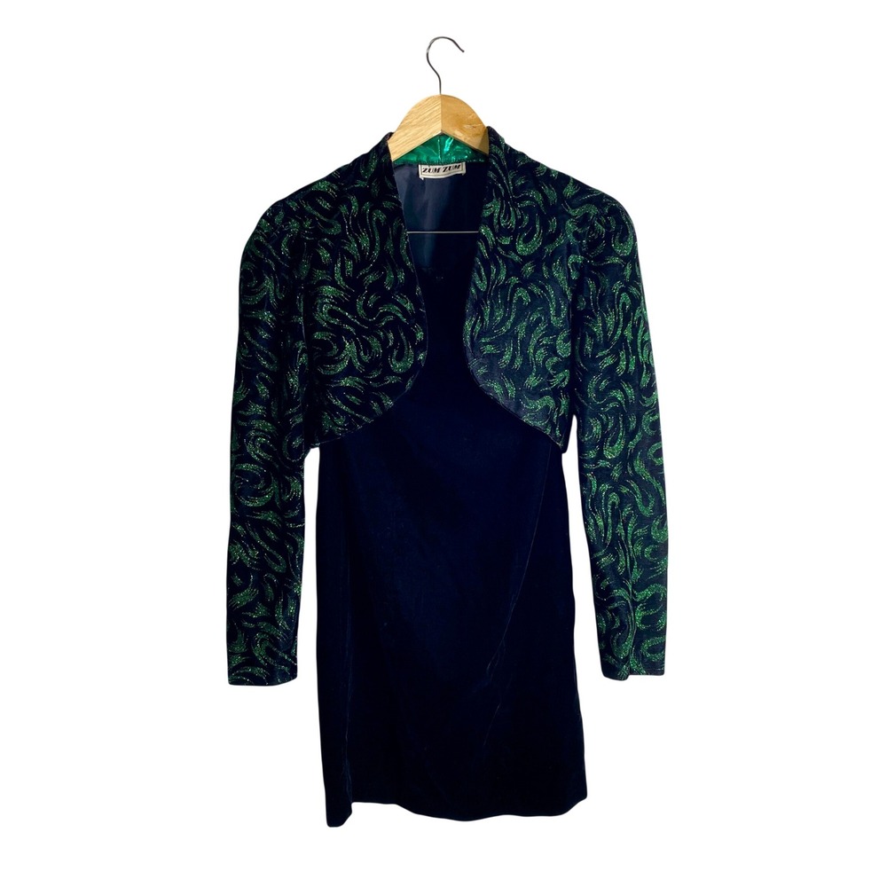 VTG Zum Zum 80s 90s Green Metallic & Black Velvet Boned Sweetheart Party *FLAW*